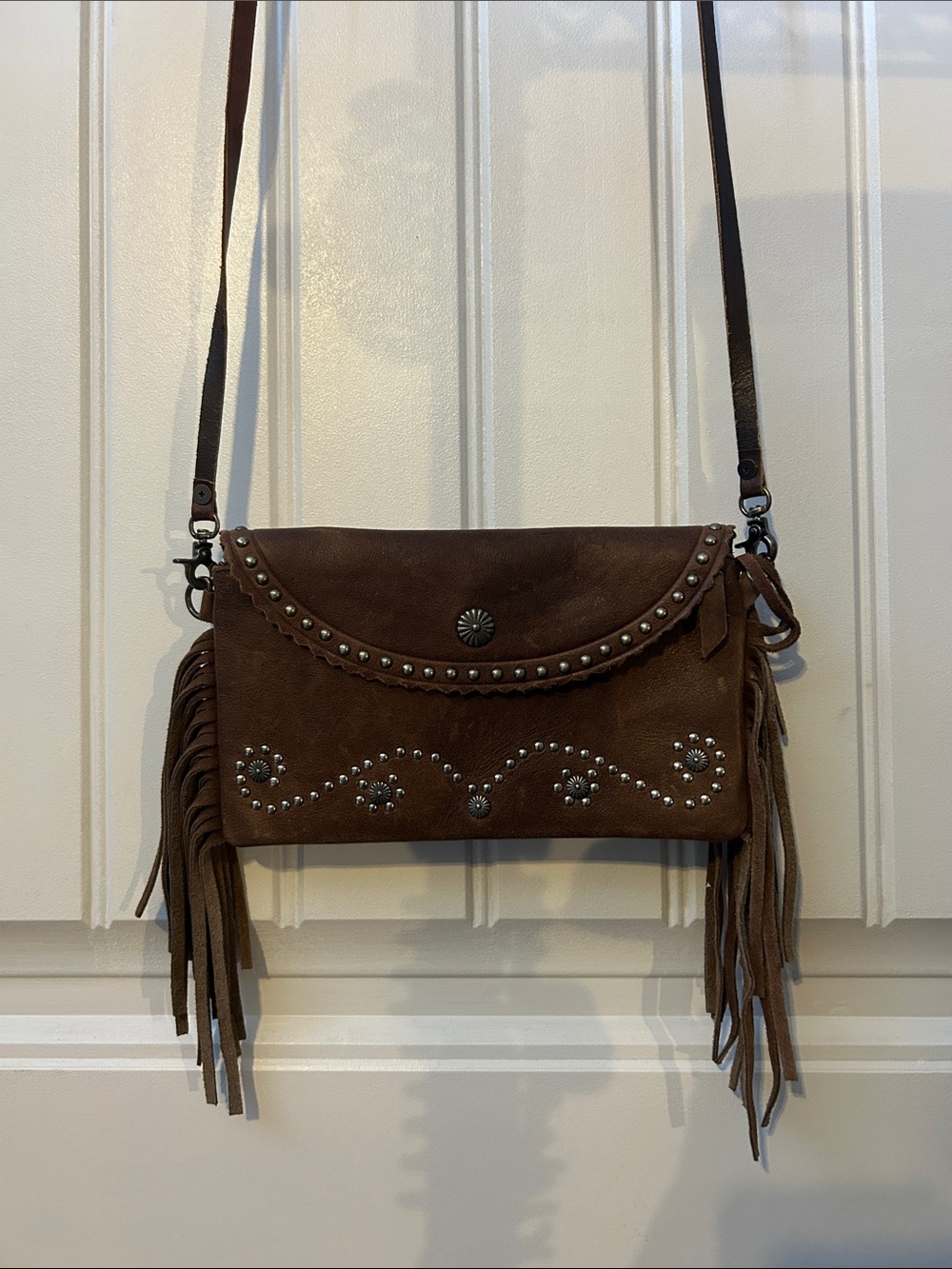 Brown Montana West Suede Fringe Crossbody Bag with Stud Detailing